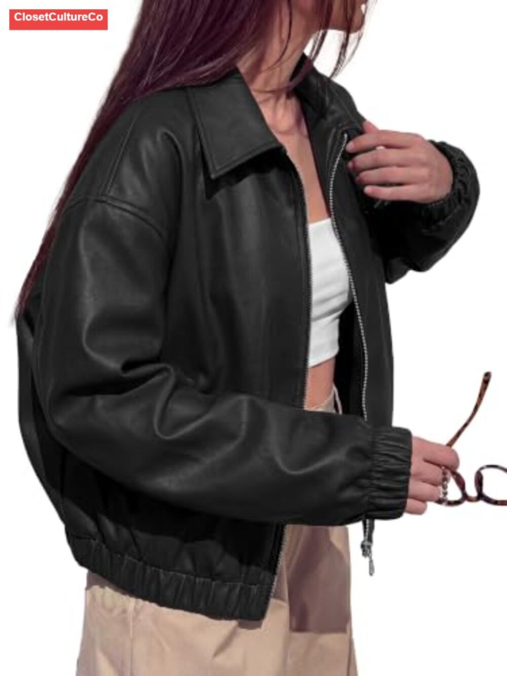 Faux Leather Jacket Oversized Zip Up Bomber Coat Long Sleeve Slant Pockets